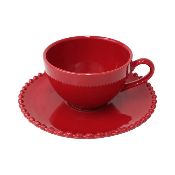 Rubínovočervená kameninová šálka na čaj s tanierikom Costa Nova Pearlrubi, 250 ml
