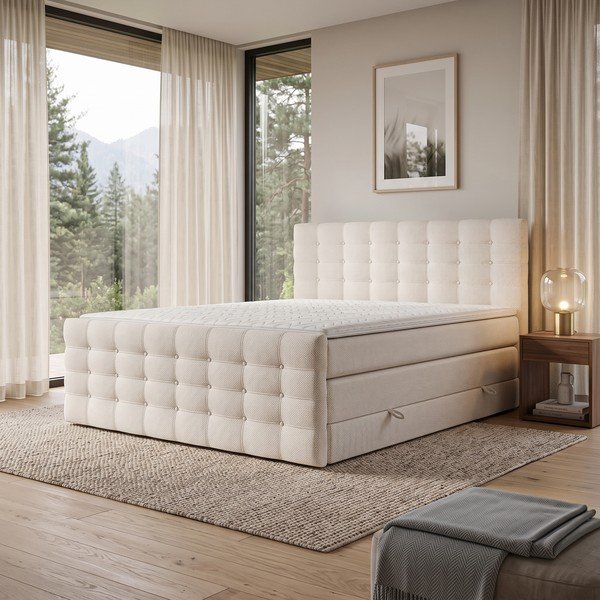 Krémová boxspring posteľ s úložným priestorom 160x200 cm Blend – Maison de Rêve-image-1