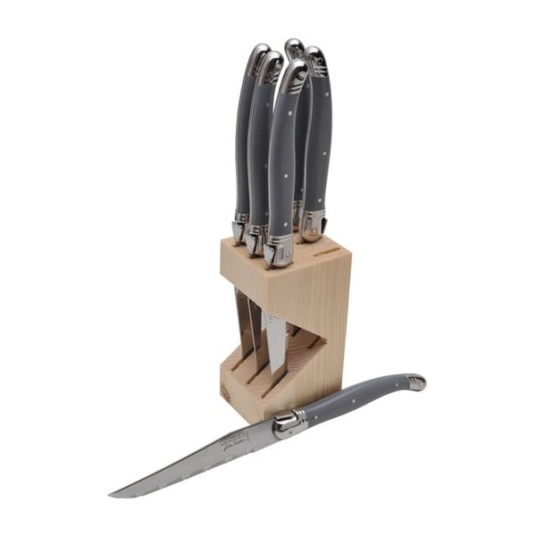 Sada 6 sivých kuchynských nožov v drevenom stojane Jean Dubost