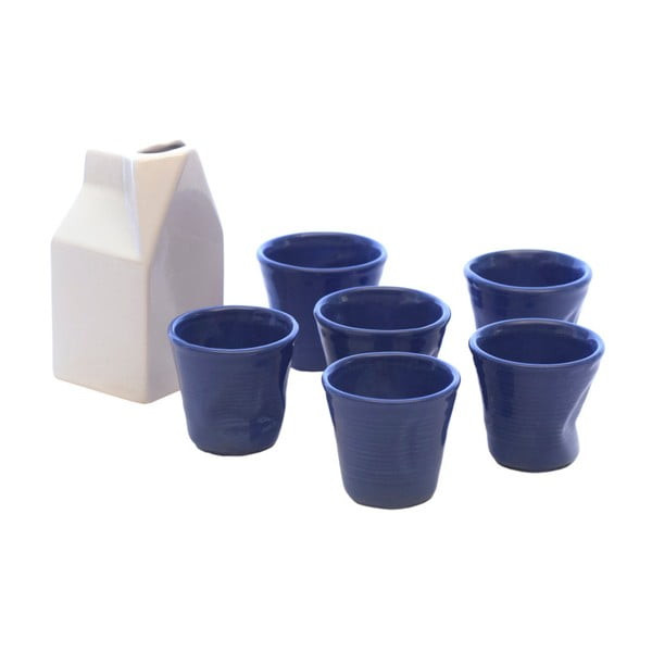 Bielo-modrý set nádoby na mlieko a 6 šálok na espresso Kaleidos Milk