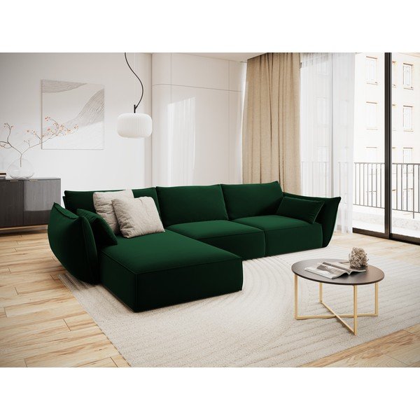 Tmavozelená zamatová rohová pohovka (ľavý roh/s leňoškou) Vanda – Mazzini Sofas-image-1