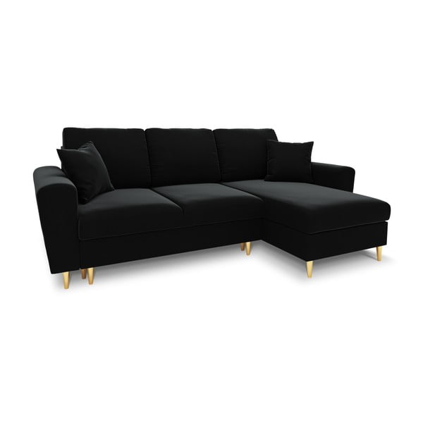 Čierna zamatová rozkladacia/s úložným priestorom rohová pohovka Kyoto – Cosmopolitan Design