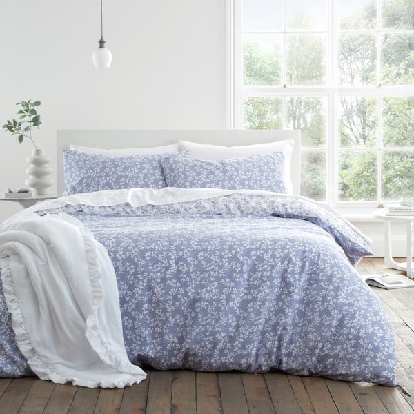 Biele/modré bavlnené obliečky na jednolôžko 135x200 cm Shadow Leaves – Bianca