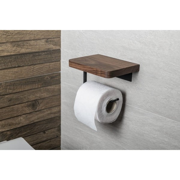 Hnedý nástenný/s poličkou drevený držiak na toaletný papier – Sapho-image-1