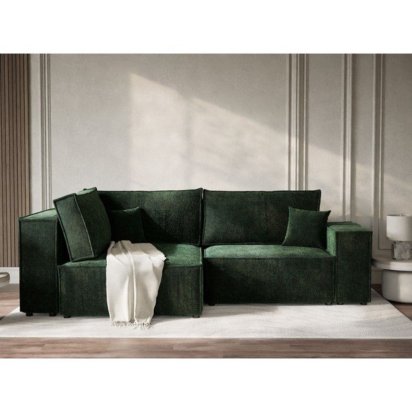 Tmavozelená ženilková rozkladacia/s úložným priestorom rohová pohovka (ľavý roh/do L) Tonga – Maison de Rêve-image-1