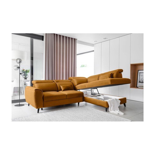 Žltá zamatová rozkladacia/s úložným priestorom rohová pohovka (pravý roh/do L) Noble – ELTAP-image-3