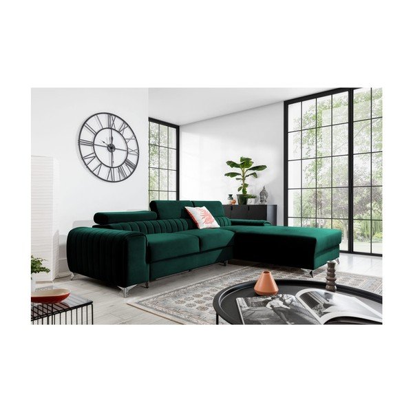 Zelená zamatová rozkladacia/s úložným priestorom rohová pohovka (pravý roh/s leňoškou) Grayson – ELTAP-image-1