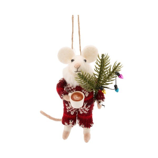 Textilná vianočná ozdoba 9 cm Mouse with Coffee – Sass & Belle