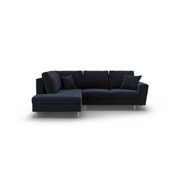 Tmavomodrá zamatová rozkladacia/s úložným priestorom rohová pohovka (ľavý roh/do L) Kyoto – Cosmopolitan Design