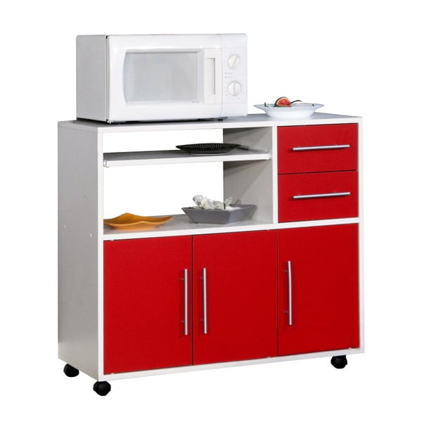 Červeno-biely pojazdný kuchynský úložný systém s policami TemaHome Marius