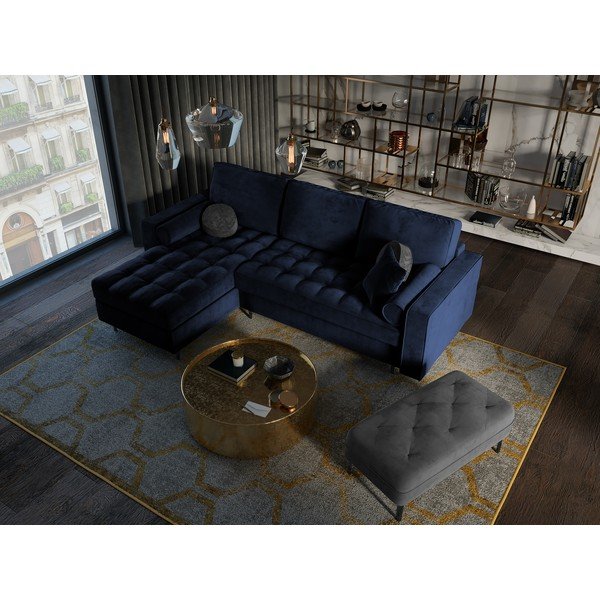 Modrá zamatová rozkladacia rohová pohovka Milo Casa Santo, ľavý roh-image-1