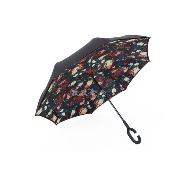Čierny dáždnik s farebnými detailmi Flowers, ⌀ 110 cm