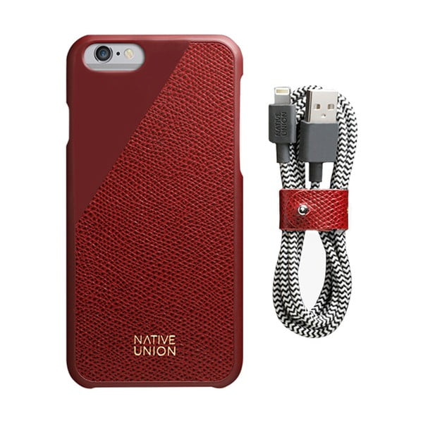 Set tmavočerveného obalu z pravej kože a nabíjacieho kábla pre iPhone 6 a 6S Plus Native Union Clic Leather Belt