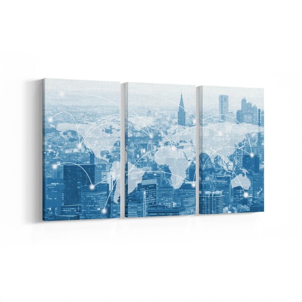 Sada 3 modrých obrazov World, 30 × 60 cm