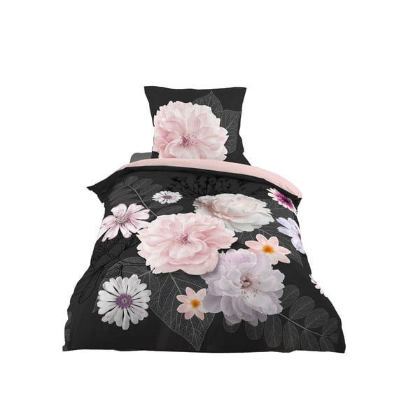 Čierne/ružové bavlnené obliečky na jednolôžko 140x200 cm Floral – douceur d'intérieur