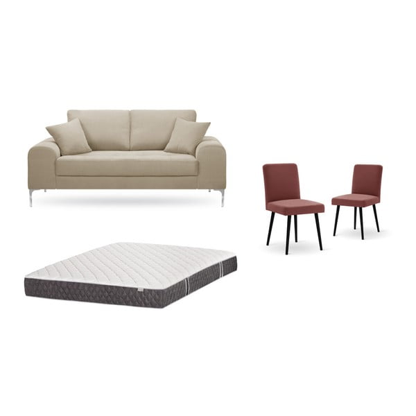 Set dvojmiestnej sivobéžovej pohovky, 2 tehlovočervených stoličiek a matraca 140 × 200 cm Home Essentials
