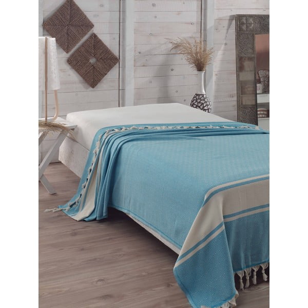 Tyrkysový bavlnený pléd cez posteľ Elmas Turquoise, 200 x 240 cm