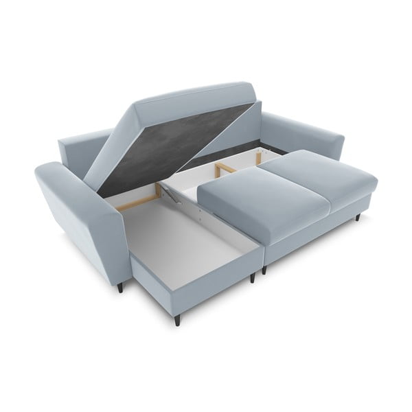 Svetlomodrá zamatová rozkladacia/s úložným priestorom rohová pohovka Kyoto – Cosmopolitan Design-image-2