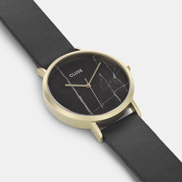 Dámske čierne hodinky s koženým remienkom a mramorovým ciferníkom Cluse La Roche Rose-image-1