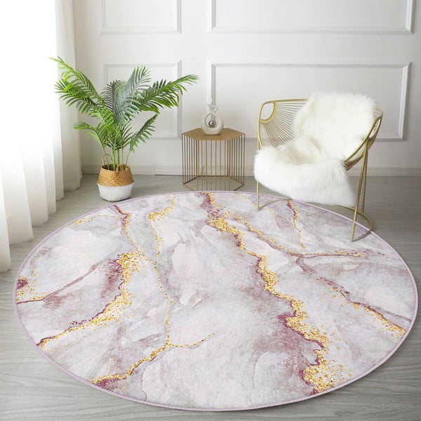 Svetloružový/v zlatej farbe prateľný okrúhly koberec ø 80 cm Marble – Mila Home-image-1