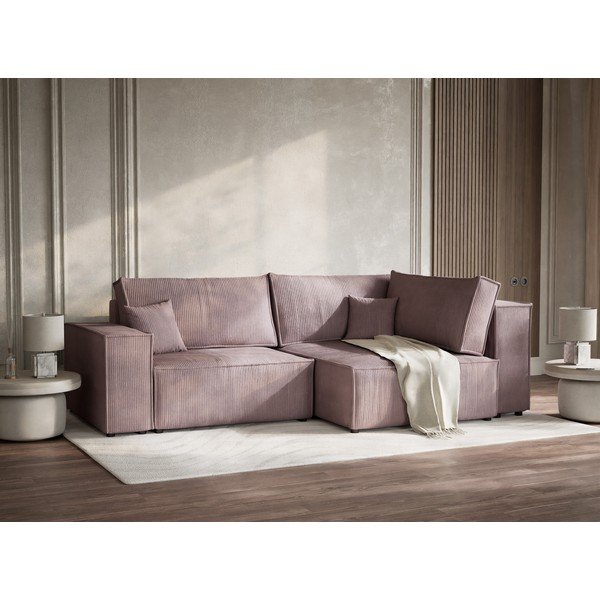 Fialová menčestrová rozkladacia/s úložným priestorom rohová pohovka (pravý roh/do L) Tonga – Maison de Rêve-image-4