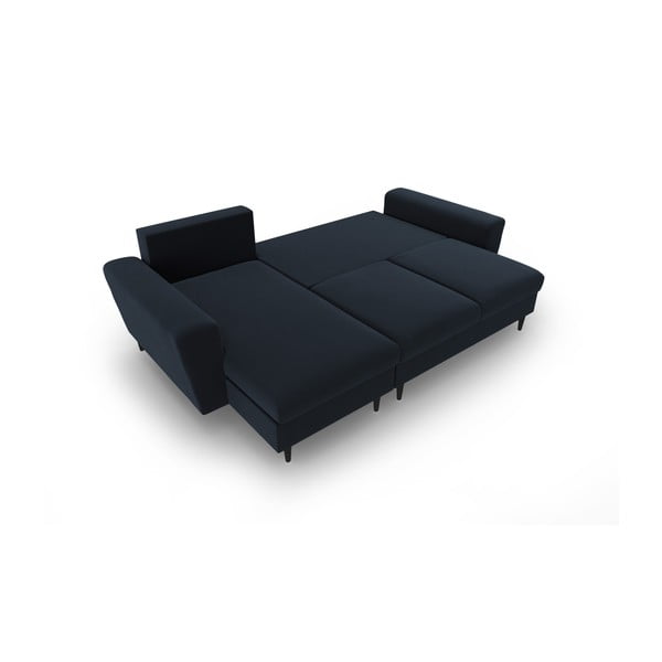 Tmavomodrá zamatová rozkladacia/s úložným priestorom rohová pohovka Kyoto – Cosmopolitan Design-image-2