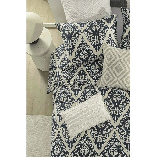 Čierno-béžové 4-dielne predĺžené obliečky na dvojlôžko s plachtou z bavlny Renforcé 200x220 cm Damašok – Mila Home-image-2