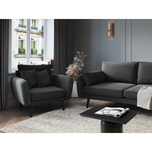 Tmavosivé zamatové kreslo s čiernymi nohami Kooko Home Lento-image-1