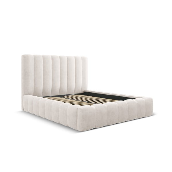 Krémová čalúnená dvojlôžková posteľ s úložným priestorom a roštom 200x200 cm Kelp – Micadoni Home