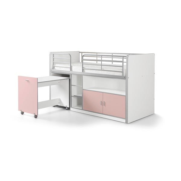 Ružová poschodová posteľ s vysúvacím stolíkom a úložným priestorom Vipack Bonny, 200 × 90 cm