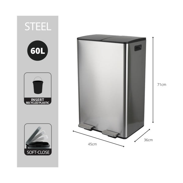 Oceľový odpadkový kôš 2x30 l na triedený odpad/nášľapný v matne striebornej farbe Aliya – Spirella-image-4