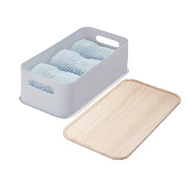 Sivý úložný box s vekom z dreva paulownia iDesign Eco Handled, 21,3 x 43 cm-image-4