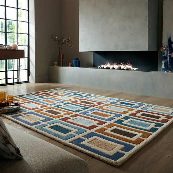 Modro-oranžový ručne tkaný vlnený koberec 120x170 cm Retro Blocks – Flair Rugs-image-1