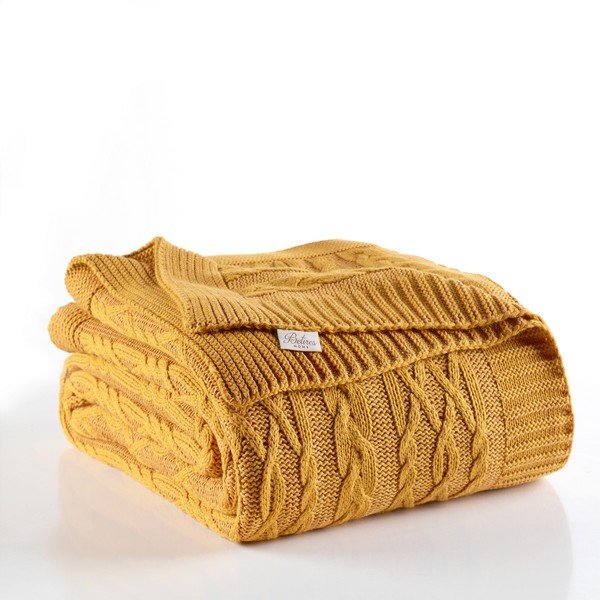 Horčicovožltá prikrývka cez posteľ Knit, 220 x 240 cm-image-1