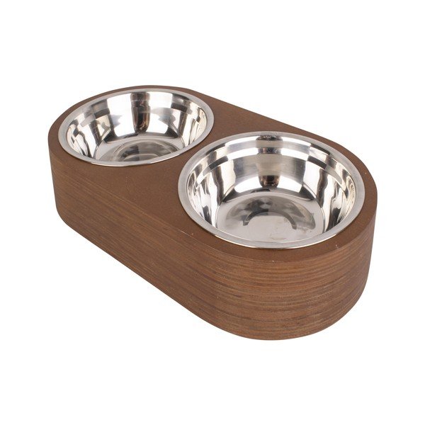 Súprava 2 kovových misiek v tmavom drevenom podstavci PT LIVING Pet, šírka 18 cm-image-2