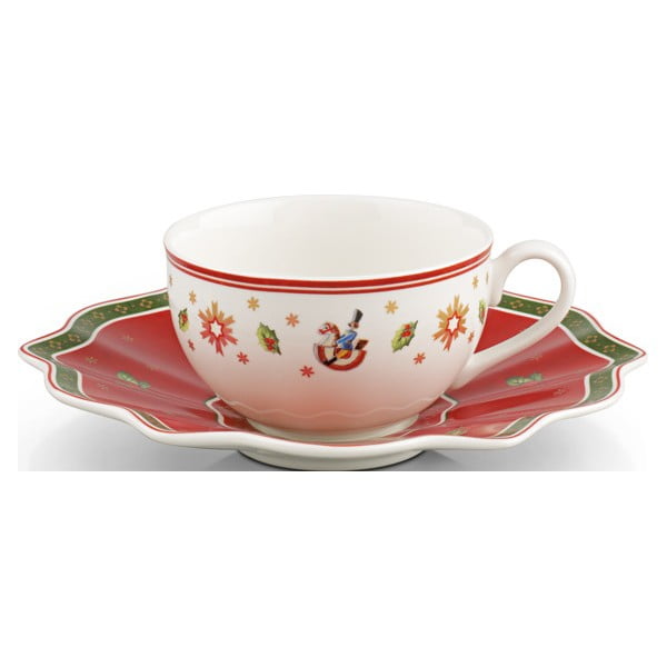 Červeno-biely porcelánový hrnček s tanierikom s vianočným motívom Villeroy & Boch, 0,3 l