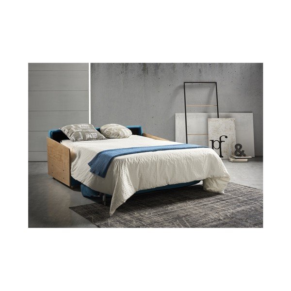 Modrá rozkladacia pohovka s drevenými opierkami Suinta Como, šírka 148 cm-image-2