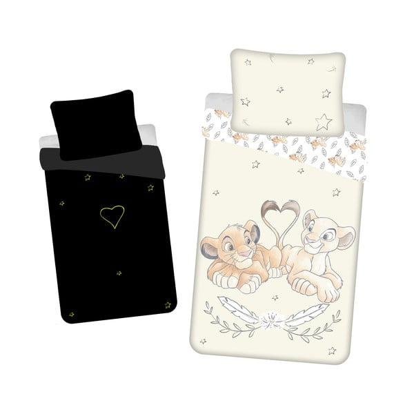 Svetložlté bavlnené detské obliečky so svietiacim efektom na jednolôžko 140x200 cm Lion King "Best friends" – Jerry Fabrics