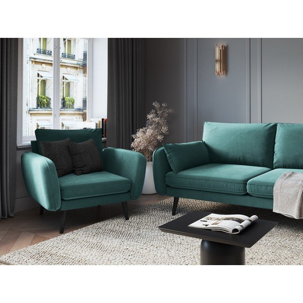 Petrolejovomodré zamatové kreslo s čiernymi nohami Kooko Home Lento-image-1