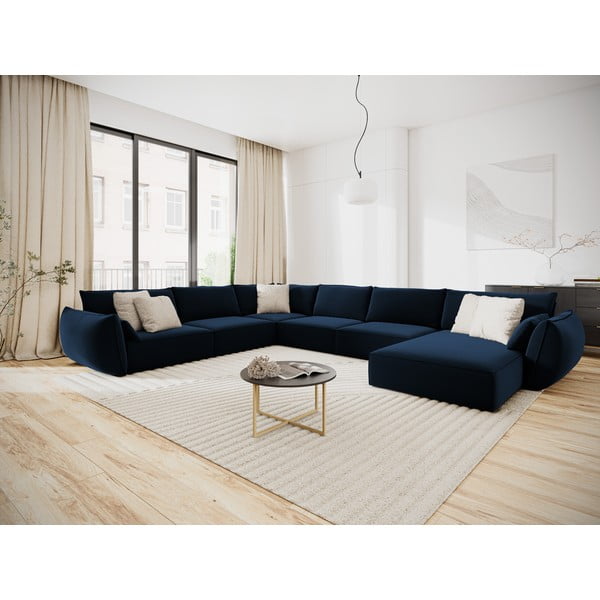 Tmavomodrá zamatová rohová pohovka (ľavý roh/do "U") Vanda – Mazzini Sofas-image-1
