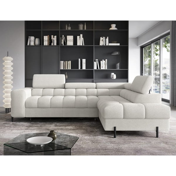 Krémovobiela rozkladacia/s úložným priestorom rohová pohovka z textílie buklé (pravý roh/do L) Ferucce – ELTAP-image-1