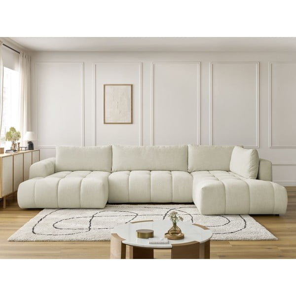 Béžová rozkladacia/s úložným priestorom rohová pohovka (pravý roh/do tvaru "U") Fuji – Bobochic Paris-image-1