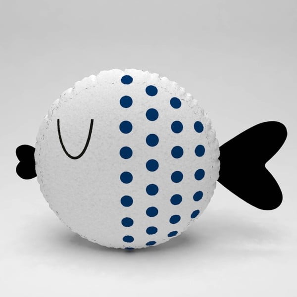 Biely vankúšik s tmavomodrými bodkami Fishie, ⌀ 32 cm