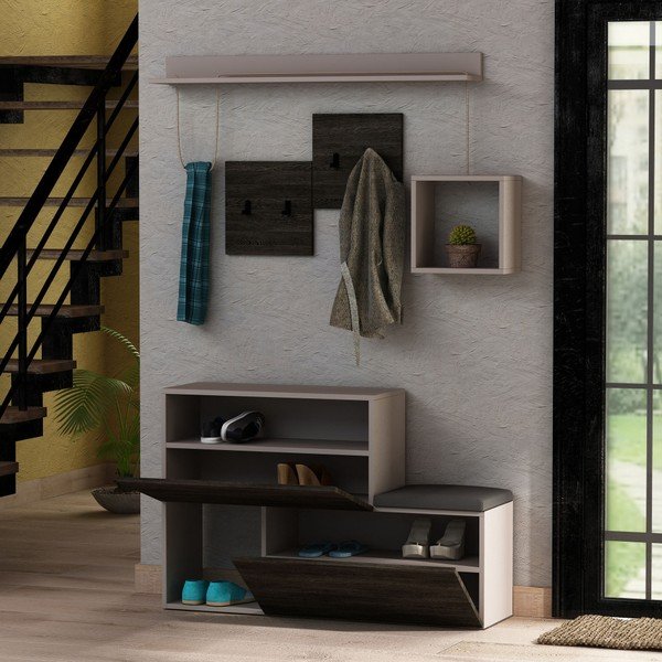 Set tmavosivej skrinky na topánky/lavice a nástenného vešiaka s policou Homitis Holdon-image-2