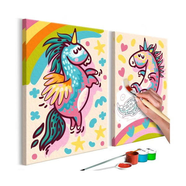 DIY set na tvorbu vlastného dvojdielneho obrazu na plátne Artgeist Chubby Unicorns, 33 × 23 cm