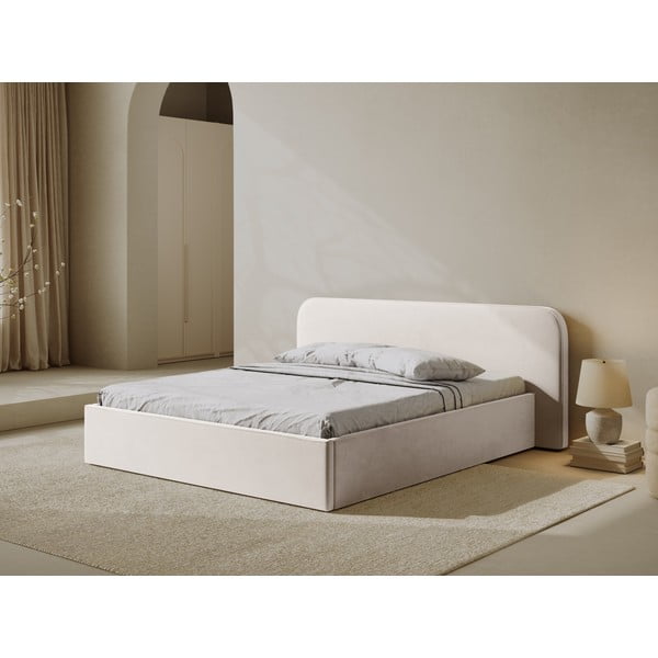 Slonovinová čalúnená dvojlôžková posteľ s úložným priestorom s roštom 140x200 cm Elizabeth – Micadoni-image-1