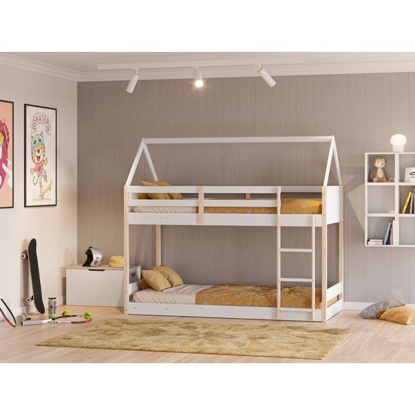 Domčeková poschodová detská posteľ v bielo-prírodnej farbe 90x190 cm Valka – Marckeric-image-1