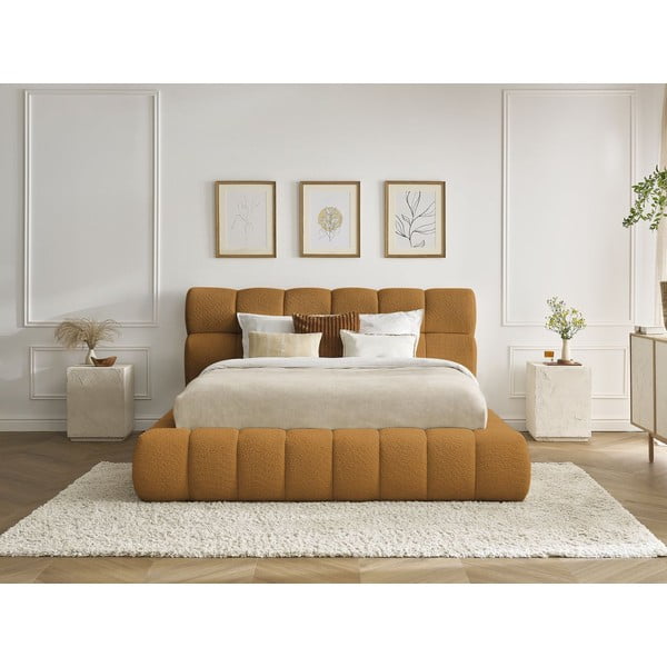 Čalúnená dvojlôžková posteľ s úložným priestorom s roštom 160x200 cm v horčicovej farbe Mont Blanc – Bobochic Paris-image-1