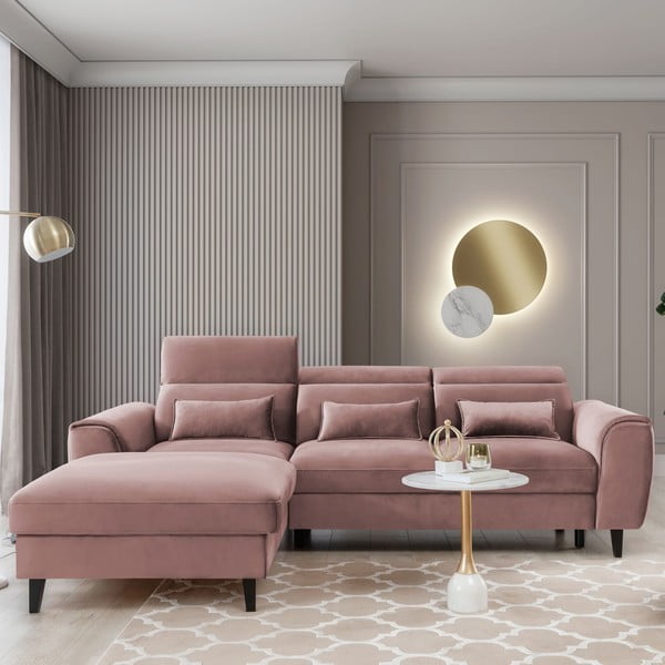 Ružová zamatová rozkladacia/s úložným priestorom rohová pohovka (ľavý roh/s leňoškou) Foble – ELTAP-image-1