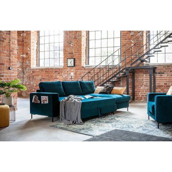 Zamatová rozkladacia rohová pohovka v petrolejovej farbe (pravý roh) Lofty Lilly – Miuform-image-4